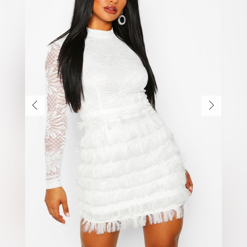 LACE FRINGE HIGH NECK MINI PARTY DRESS